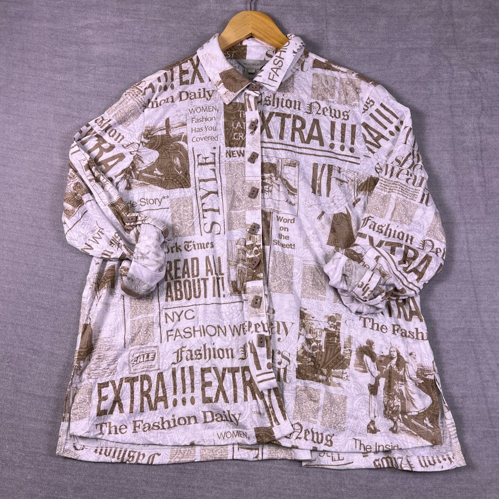 Multiples Newspaper Print Roll Tab Sleeve Button Front Shirt Womens PL White Tan